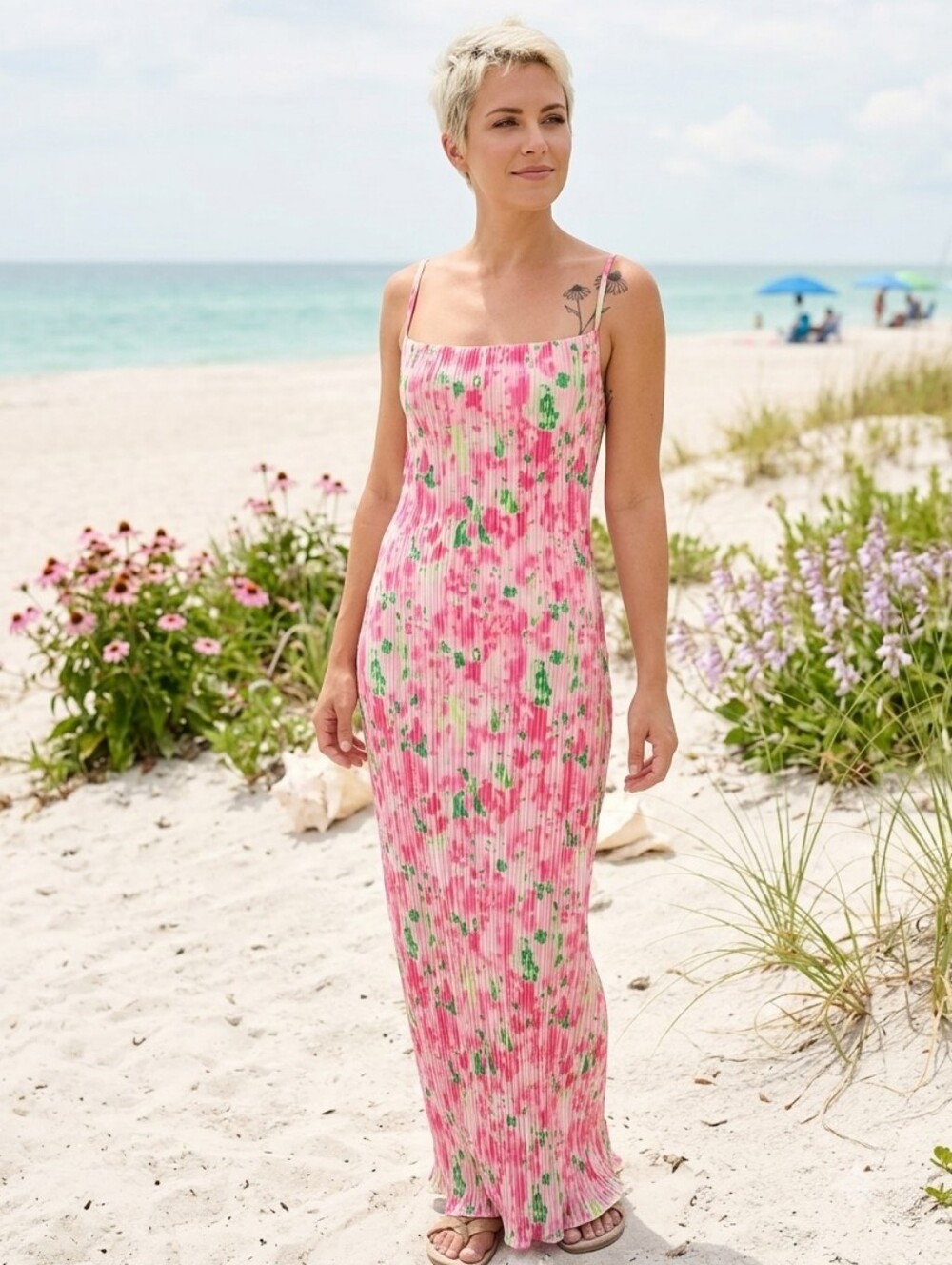 PRETTY Pink🌸Floral Ribbed Maxi with Adjustable Spaghetti Straps Fits Sz M/L